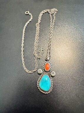 Vintage Navajo Turquoise  Coral Sterling Silver Pendant Necklace Signed J 21”